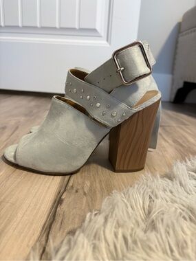 Call It Spring Light Blue Suede Block Heel Sandals with Wood-Look Heel